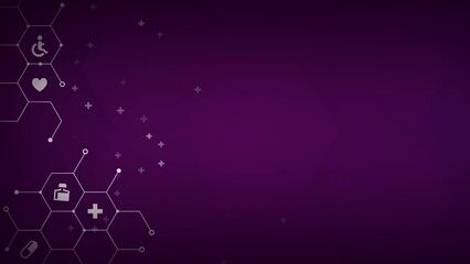 Purple abstract healthcare background with medical icons crosses. Animated looping screensaver.