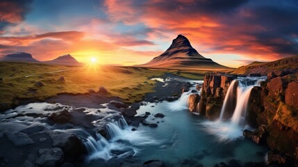 Beautiful scenery with a sunset over a waterfall
