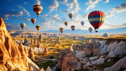Amazing balloons in flight over a stone landscape in Cappadocia, Turkey.