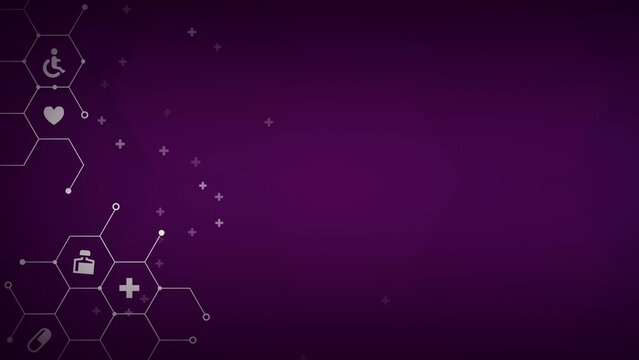 Purple abstract healthcare background with medical icons crosses. Animated looping screensaver.