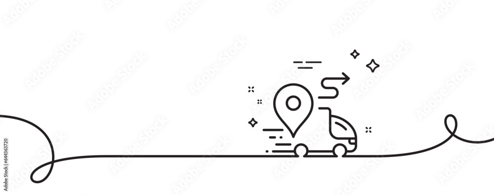 Poster delivery line icon. continuous one line with curl. road path sign. car journey route symbol. deliver