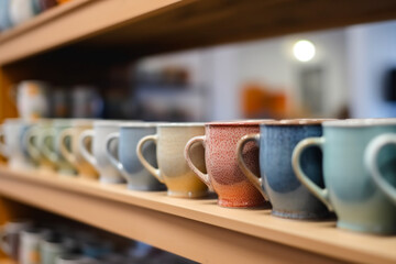 Colorful ceramic drinking mugs on shelf in store