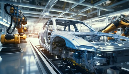 Fototapeta premium A car being assembled on an assembly line