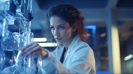 A woman scientist examining an object in a laboratory