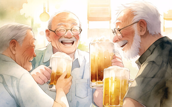 居酒屋の店内で楽しそうにビールを飲むシニア男性たち