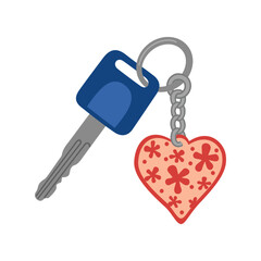 Key with a keychain in the shape of a heart. Hand drawn vector illustration isolated on white background, modern flat cartoon style.