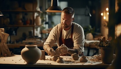 A skilled potter shaping clay on a pottery wheel in his workshop