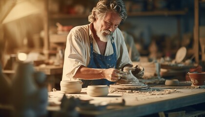 A potter creating pottery in a traditional pottery workshop
