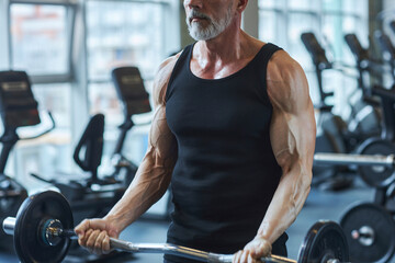 Strong mature man strengthening arms with barbell in gym