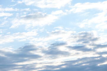 Natural sky background - panoramic sunrise sky with clouds, no birds. Great panoramic sky view