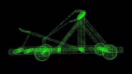 3D ancient Catapult on black background. Historical military concept. Business advertising backdrop. For title, text, presentation. 3d animation.