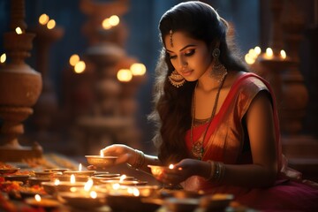 beautiful Indian woman in traditional sari celebrating Diwali or deepavali fesitval of lights
