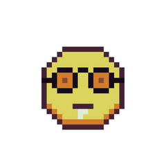 Yellow face with dripping saliva in geek glasses pixel art icon emoticon cartoon character. 8-bit style. Show the language of emotion. Flat style. Isolated abstract vector illustration.