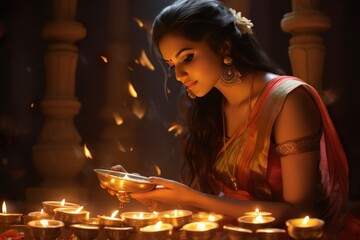 beautiful Indian woman in traditional sari celebrating Diwali or deepavali fesitval of lights - obrazy, fototapety, plakaty