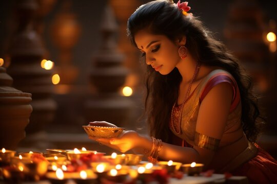 beautiful Indian woman in traditional sari celebrating Diwali or deepavali fesitval of lights