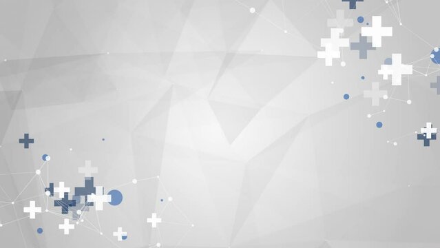 Healthcare medical background with crosses and plexus lines. Gray pharmaceutical animation with polygonal geometric shapes. Loop.
