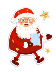Santa Claus with letter in hand, isolated on white background. Christmas vector illustration with golden elements, stars. Decorative icon, sticker for design.
