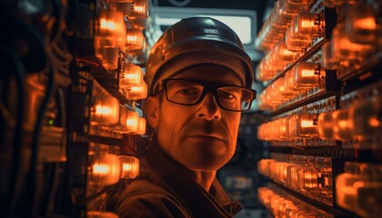 A man wearing glasses and a hard hat standing in front of a rack of lights