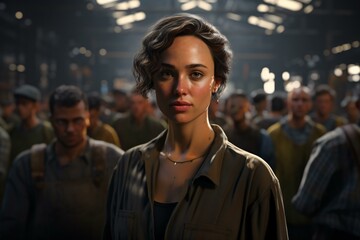 A woman in a hard hat standing in front of a construction crane