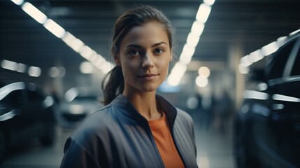 Obraz premium A woman next to a car in a parking garage