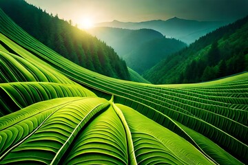 beautiful sun view from green leaves in the mountains generated by ai