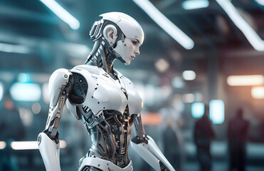 Fototapeta na wymiar Portrait of a humanoid robot in an office center. AI development concept, human-robot cooperation