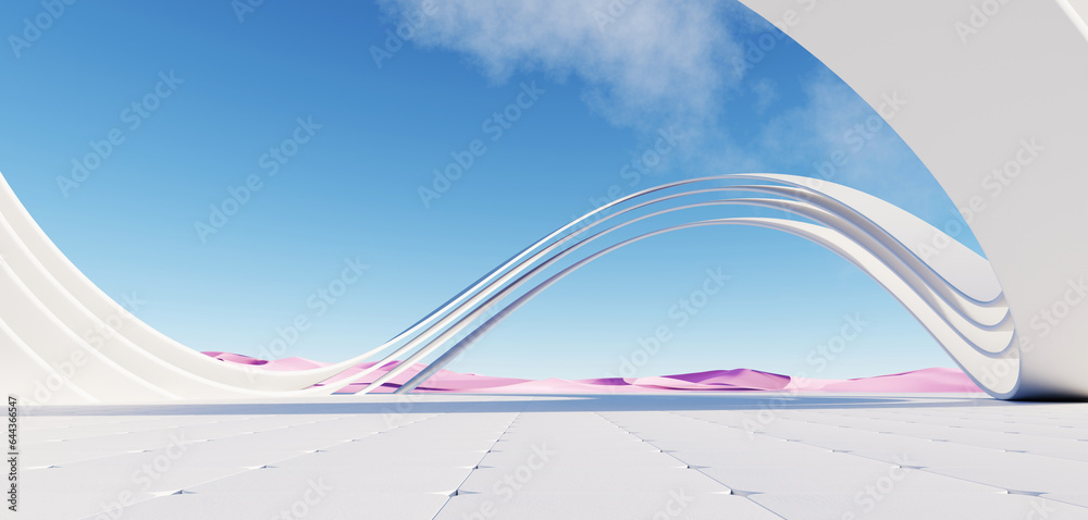 Sticker 3d render, abstract surreal pastel landscape background with architecture modern building and geomet