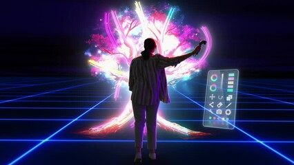 Digital Artist Using VR Software to Create a 3D Piece of Art: Female Designing a Colorful Spiritual Tree Artwork in a Cyberspace Environment. Designer Using Controllers to Manipulate the Painting