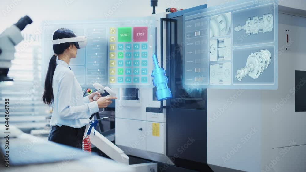 Aufkleber female engineer wearing a virtual reality headset and operating a heavy industry machine with contro