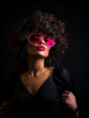 Fototapeta premium Partying woman portrait with 1980 style. Isolated black background. Generative AI.