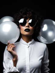 Partying woman portrait with all white style. Isolated black background. Generative AI.