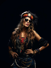 Partying woman portrait with bohemian style. Isolated black background. Generative AI.