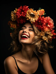 Partying woman portrait with Flower School event style. Isolated black background. Generative AI.