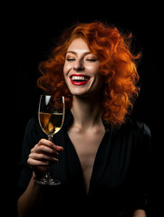 Partying woman portrait with ginger style. Isolated black background. Generative AI.