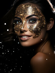 Partying woman portrait with glitter style. Isolated black background. Generative AI.