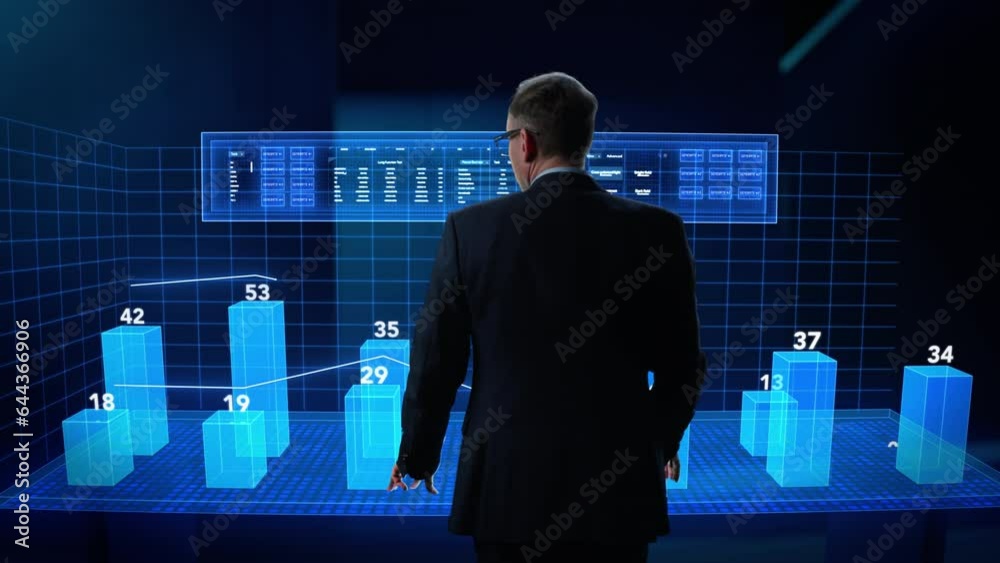 Aufkleber Business Analyst Working in a Virtual Reality Office with Augmented Reality Screens. Manager Using a Virtual Touch Screen Hologram with Multiple Options, Generating Visual Presentations from Big Data