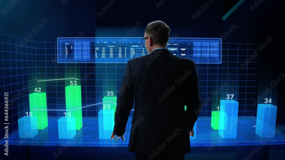 Aufkleber Businessman Working in a Minimalistic Digital Space. Manager Using a Virtual Touch Screen Hologram with Multiple Options, Generating Percentage Charts and Infographics Based on Financial Big Data