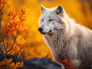 Naklejka premium Arctic Wolf in its Natural Habitat, Wildlife Photography, Generative AI