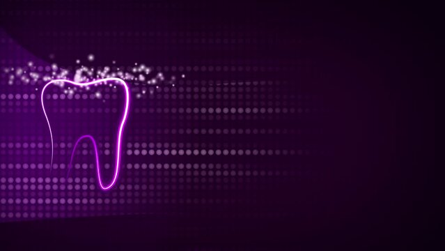 Purple dental background with glowing tooth symbol. Animated looping screensaver with dots and flying particles.