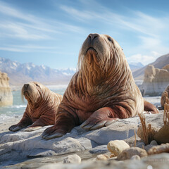 Fototapeta premium Walrus in its Natural Habitat, Wildlife Photography, Generative AI