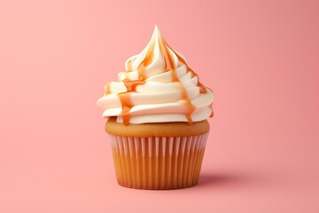 A vanilla cupcake with buttercream icing and caramel sauce on a pink background. A 3D cutout with room to write. Generative AI - obrazy, fototapety, plakaty