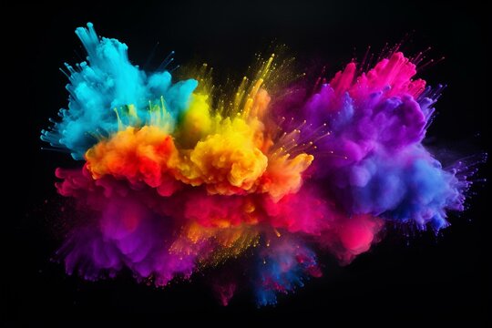 Vibrant rainbow holi powder creates a colorful explosion against a white background. Generative AI