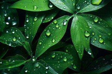 AI-generated wallpaper-like water droplets and realistic green leaves for environment and sustainability