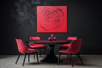 Round black table with carmine red chairs, empty wall. Generative AI