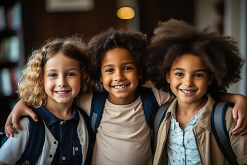 Diverse Junior Schoolchildren's Joyful Return to School Smiling Multicultural Kids in the Classroom. created with Generative AI