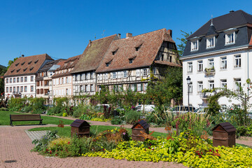 France, Grand Est, Wissembourg, Park at Quai Anselmann with historic houses in background