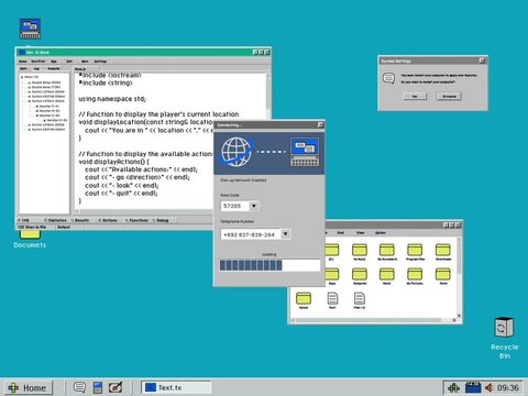 Retro Computer OS Template with User Connecting to Dial Up Internet. Loading Menu on a Desktop Interface with Yellow Folders, Window with Software Code. 1024x768 Resolution with 4:3 Aspect Ratio