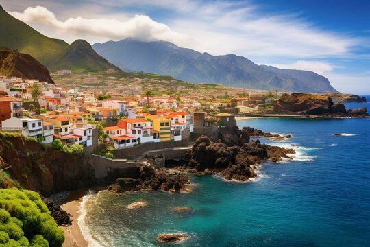 Scenic view of Garachico village on Tenerife Island, Spain. Generative AI