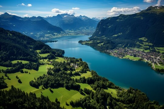 Bird's-eye view of Lake 4 Cantons, Morschach, CH. Generative AI © Victoria