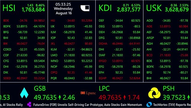 Playback Screen Template with Financial Stock Exchange Market Information, Live Values and Data, Updates, Business News Ticker. Mock Up for Desktop Computer Monitors and Laptop Displays